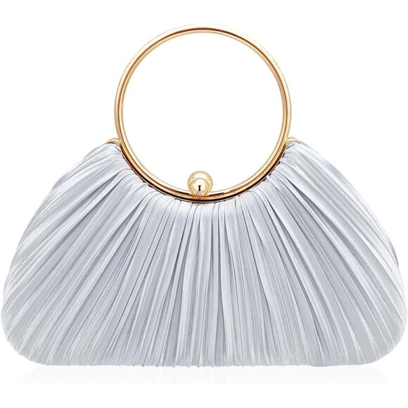 Women's Silver Pleated Evening Party Prom Wedding Dinner Luxury Clutch Bag - Picture 1 of 6